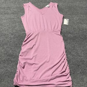 Nine West Dress Womens Medium Mauve Sleeveless V-Neck Ruched Sheath Stretch